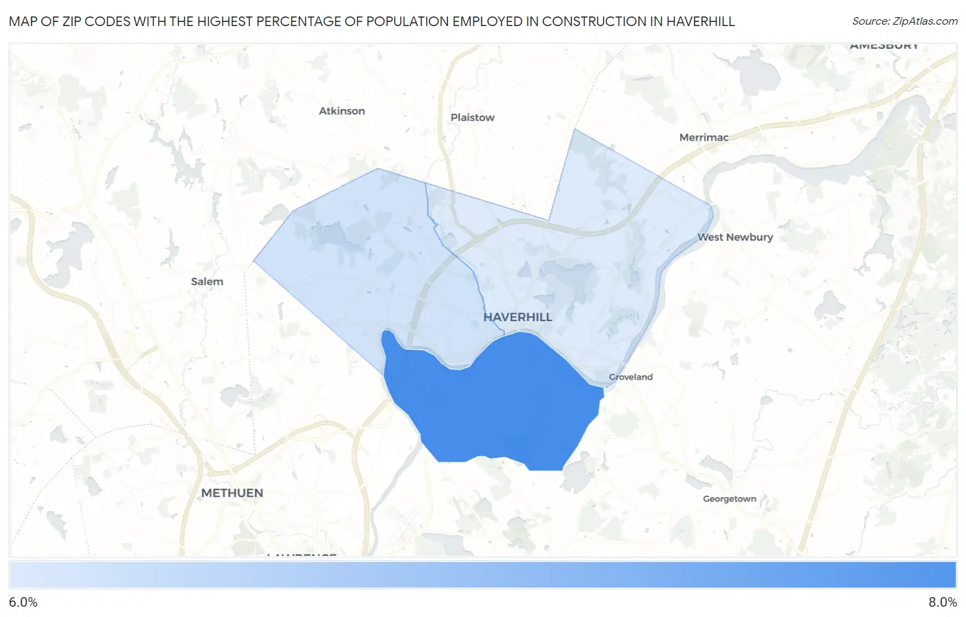 Zip Codes with the Highest Percentage of Population Employed in Construction in Haverhill Map