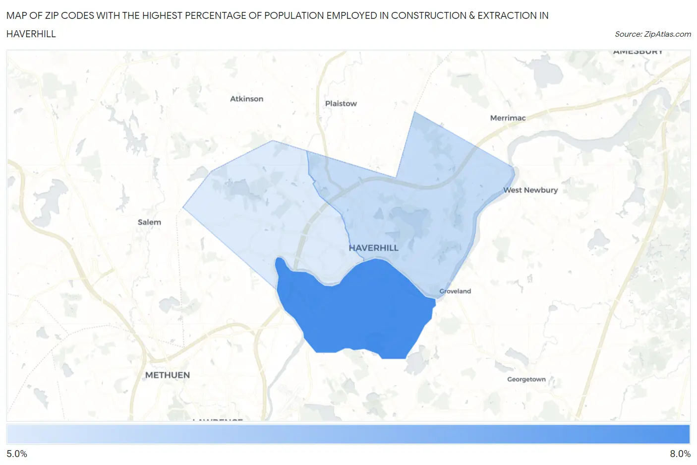Zip Codes with the Highest Percentage of Population Employed in Construction & Extraction in Haverhill Map