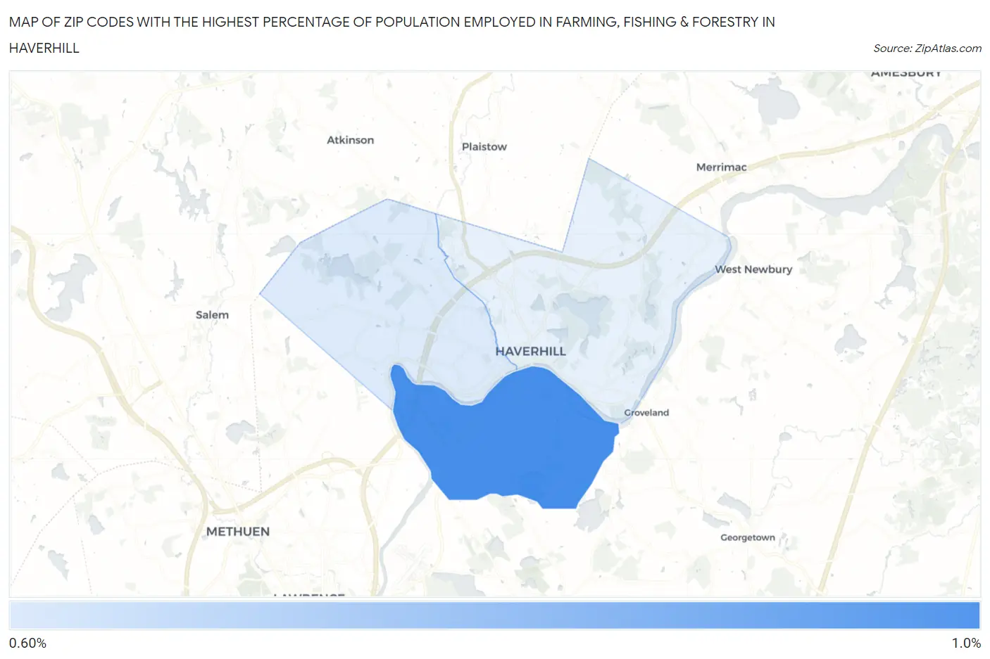 Zip Codes with the Highest Percentage of Population Employed in Farming, Fishing & Forestry in Haverhill Map