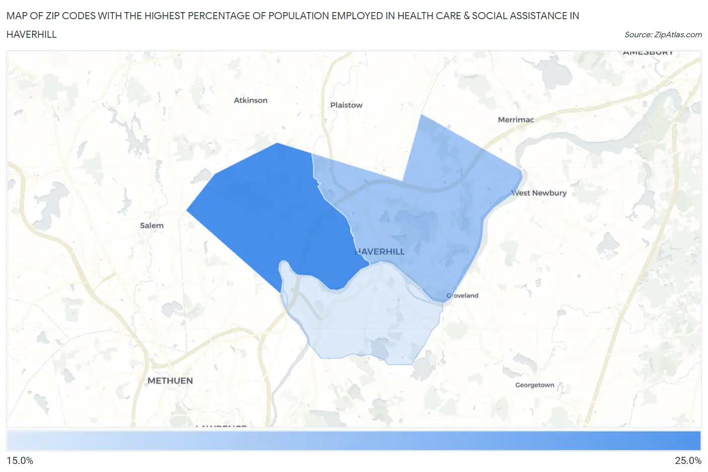 Zip Codes with the Highest Percentage of Population Employed in Health Care & Social Assistance in Haverhill Map