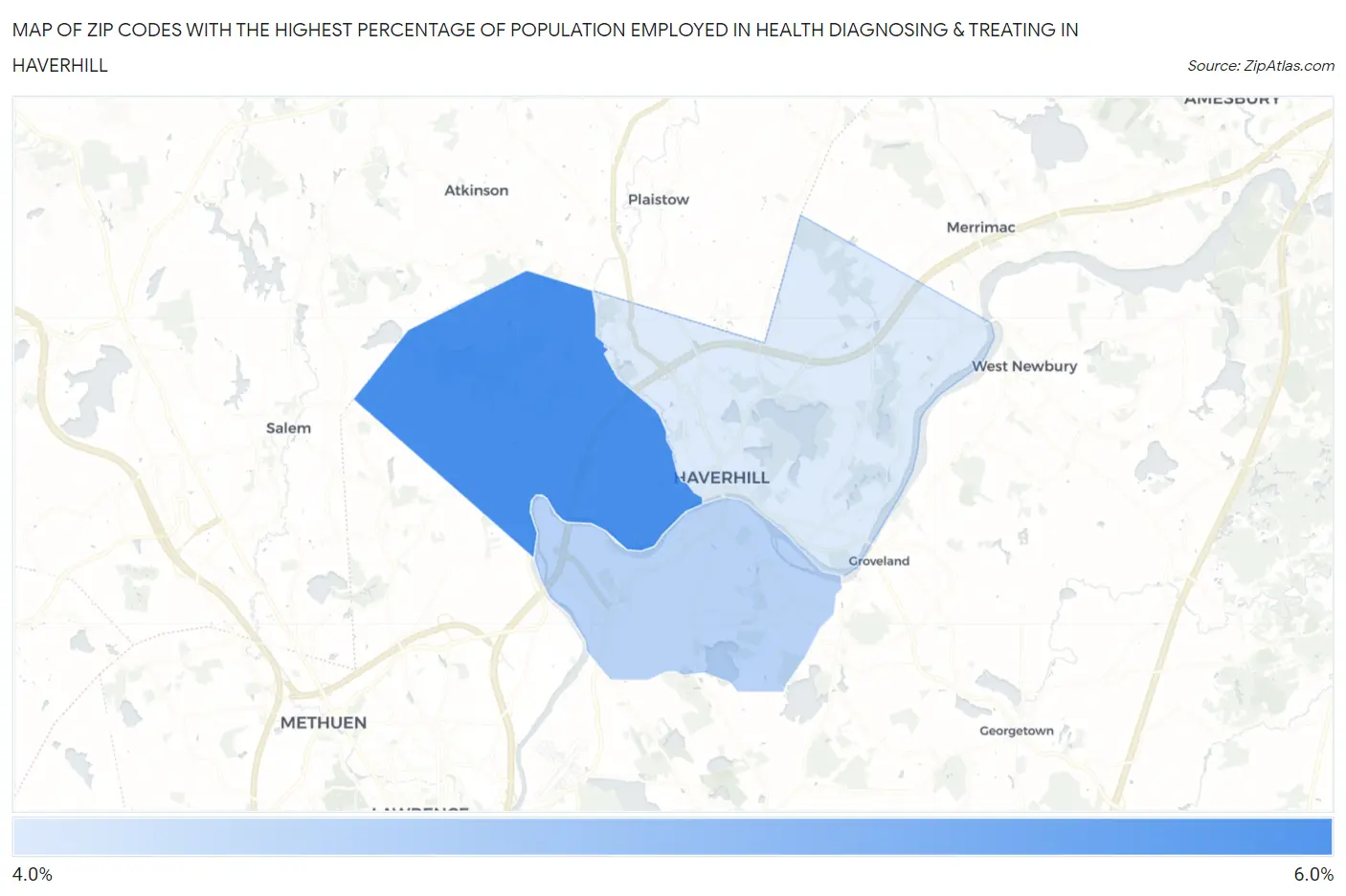 Zip Codes with the Highest Percentage of Population Employed in Health Diagnosing & Treating in Haverhill Map