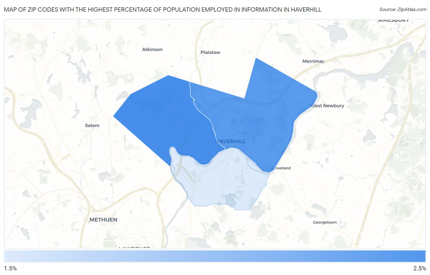 Zip Codes with the Highest Percentage of Population Employed in Information in Haverhill Map