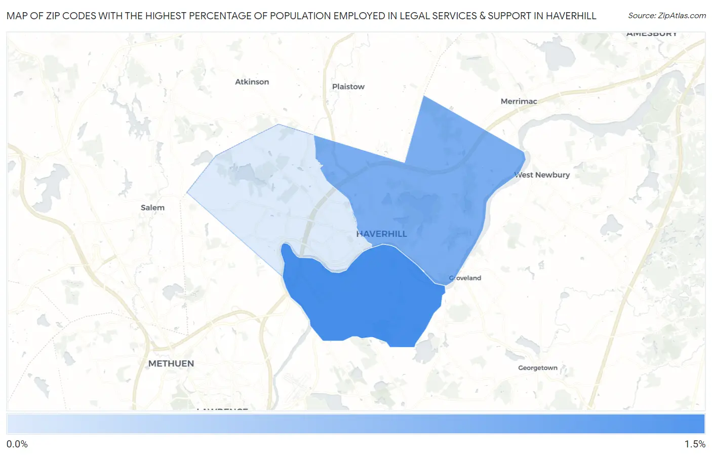 Zip Codes with the Highest Percentage of Population Employed in Legal Services & Support in Haverhill Map