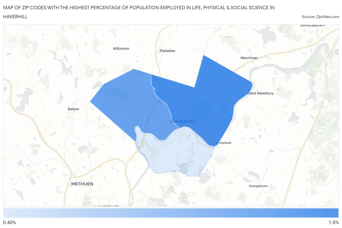 Zip Codes with the Highest Percentage of Population Employed in Life, Physical & Social Science in Haverhill Map