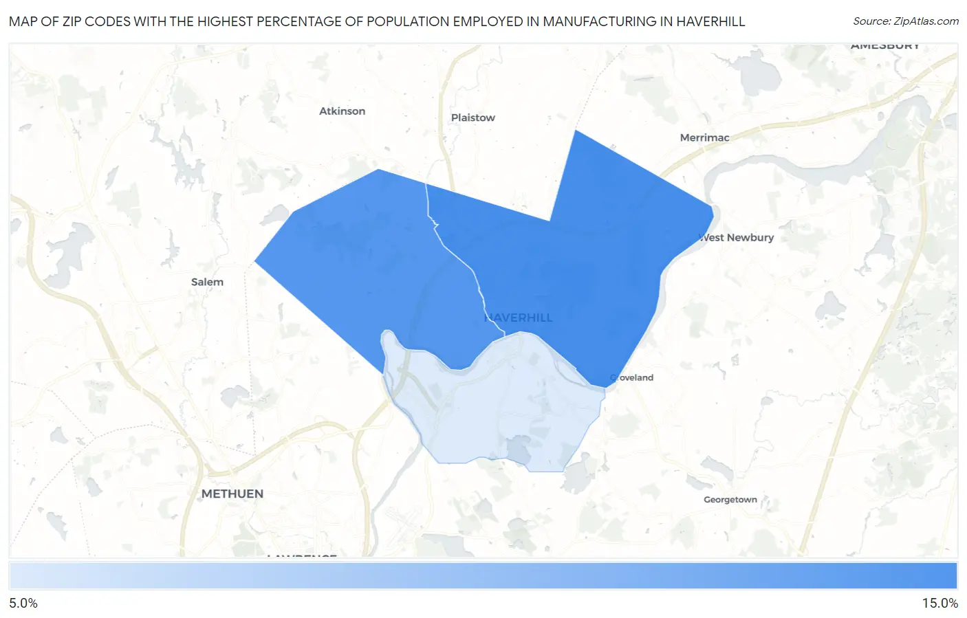Zip Codes with the Highest Percentage of Population Employed in Manufacturing in Haverhill Map