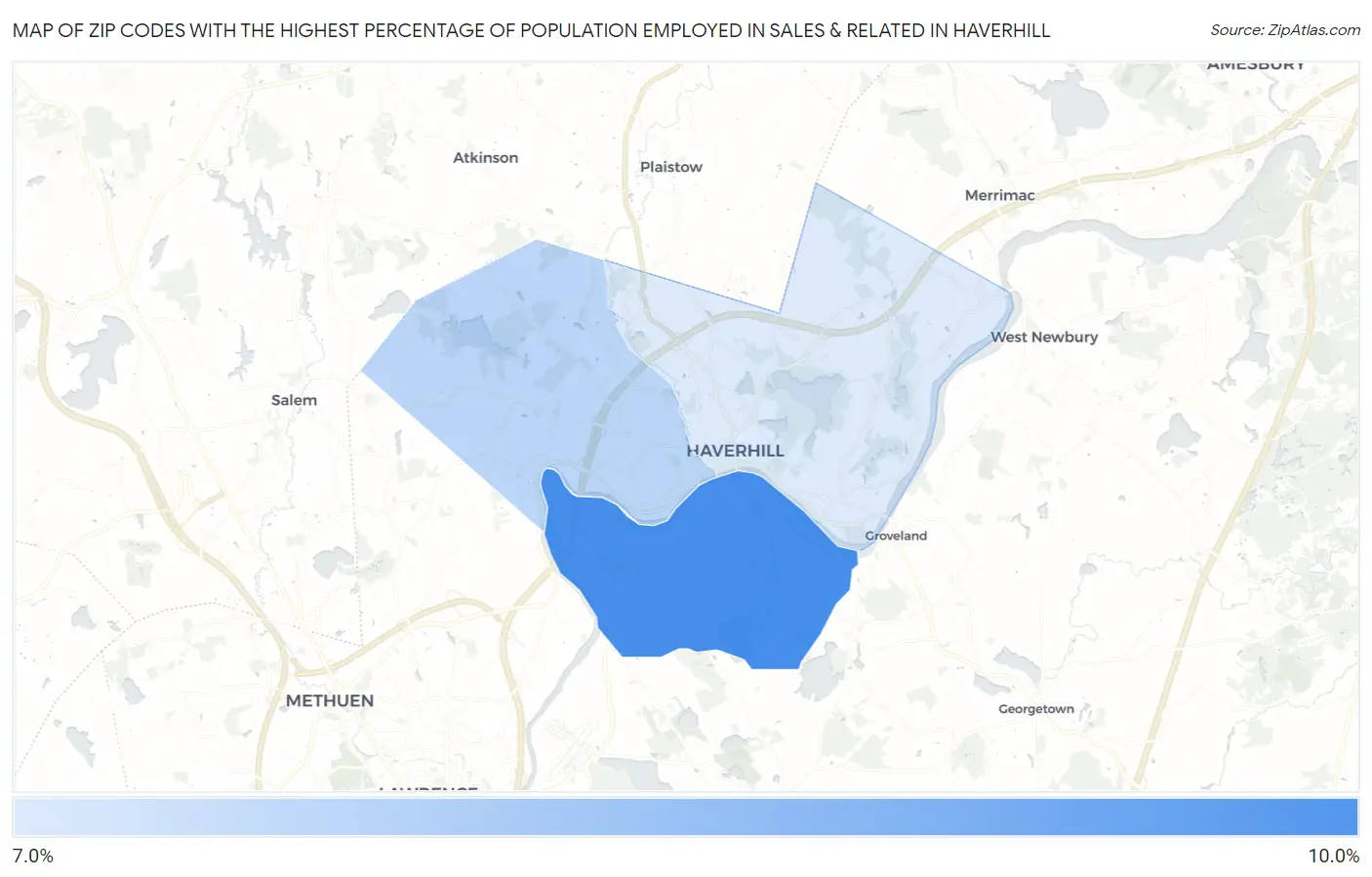 Zip Codes with the Highest Percentage of Population Employed in Sales & Related in Haverhill Map