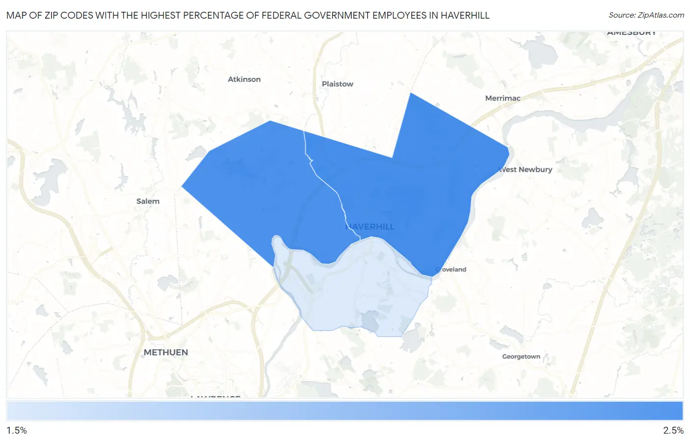Zip Codes with the Highest Percentage of Federal Government Employees in Haverhill Map