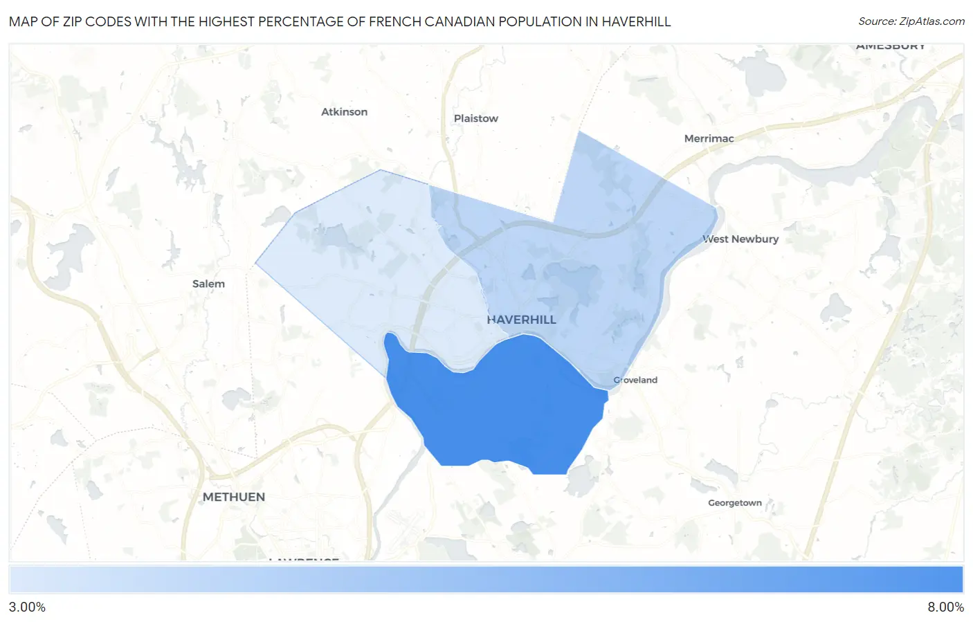 Zip Codes with the Highest Percentage of French Canadian Population in Haverhill Map