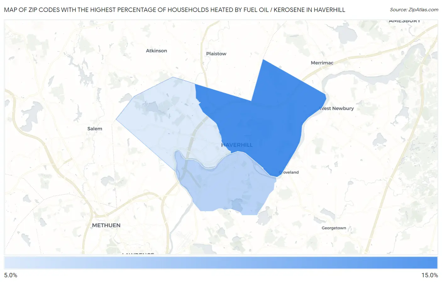 Zip Codes with the Highest Percentage of Households Heated by Fuel Oil / Kerosene in Haverhill Map