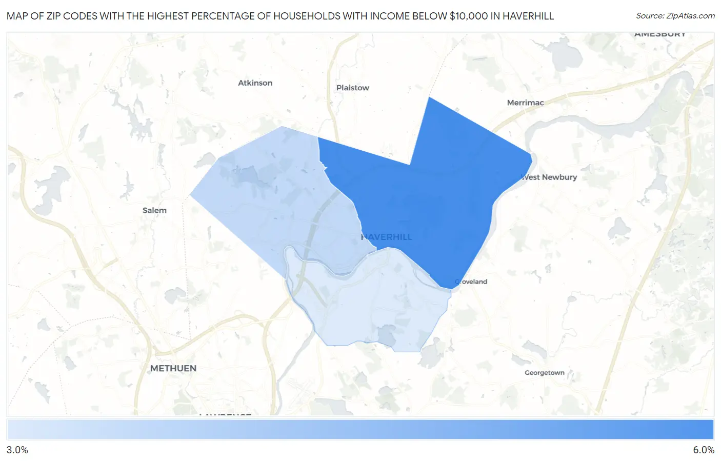 Zip Codes with the Highest Percentage of Households with Income Below $10,000 in Haverhill Map