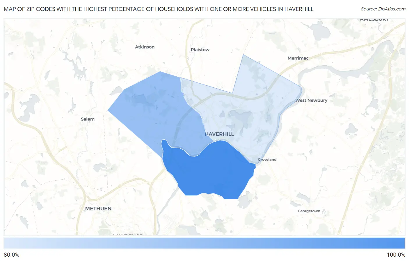 Zip Codes with the Highest Percentage of Households With One or more Vehicles in Haverhill Map