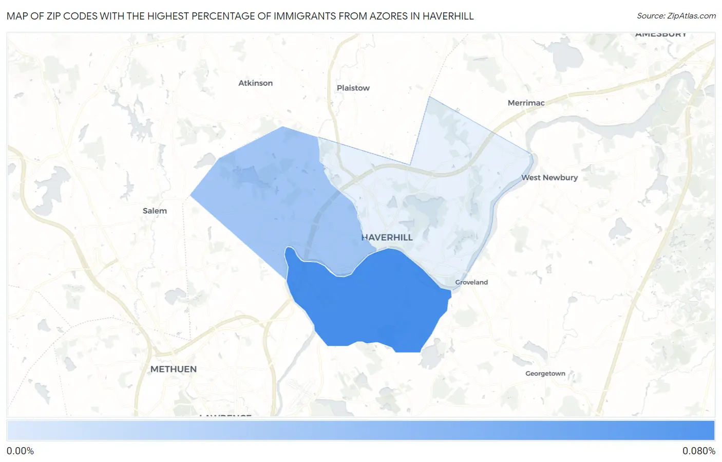 Zip Codes with the Highest Percentage of Immigrants from Azores in Haverhill Map