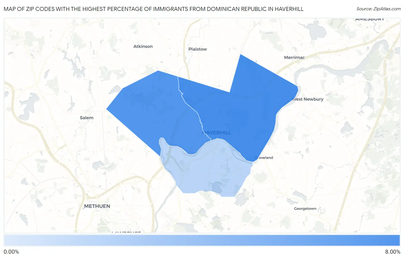 Zip Codes with the Highest Percentage of Immigrants from Dominican Republic in Haverhill Map