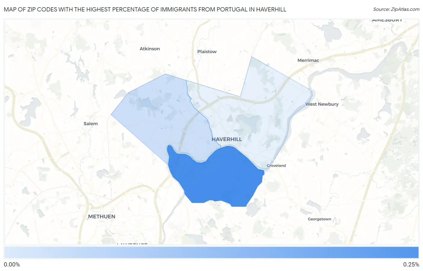 Zip Codes with the Highest Percentage of Immigrants from Portugal in Haverhill Map