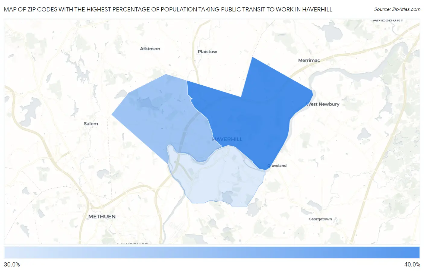 Zip Codes with the Highest Percentage of Population Taking Public Transit to Work in Haverhill Map