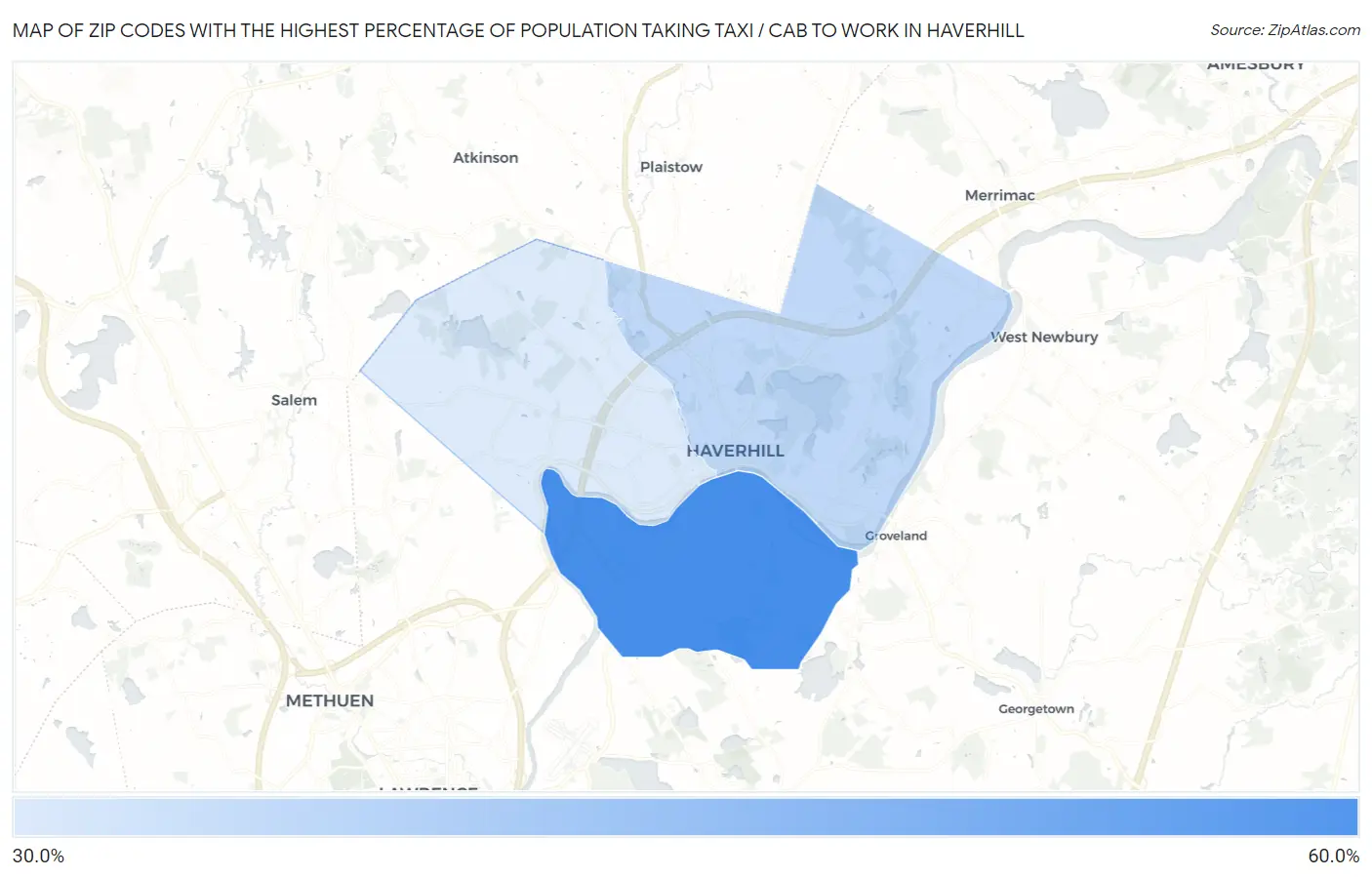 Zip Codes with the Highest Percentage of Population Taking Taxi / Cab to Work in Haverhill Map