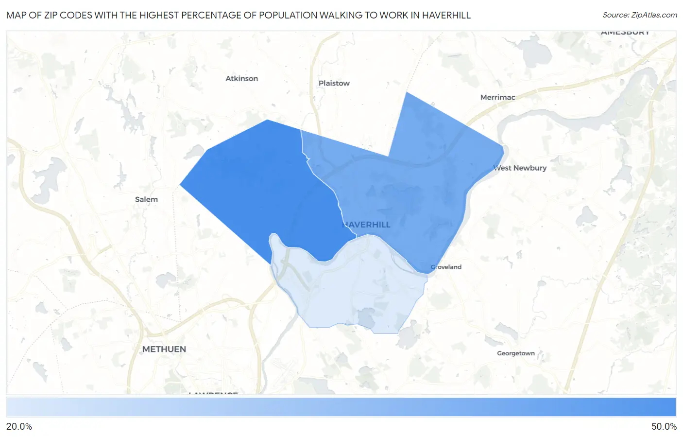 Zip Codes with the Highest Percentage of Population Walking to Work in Haverhill Map