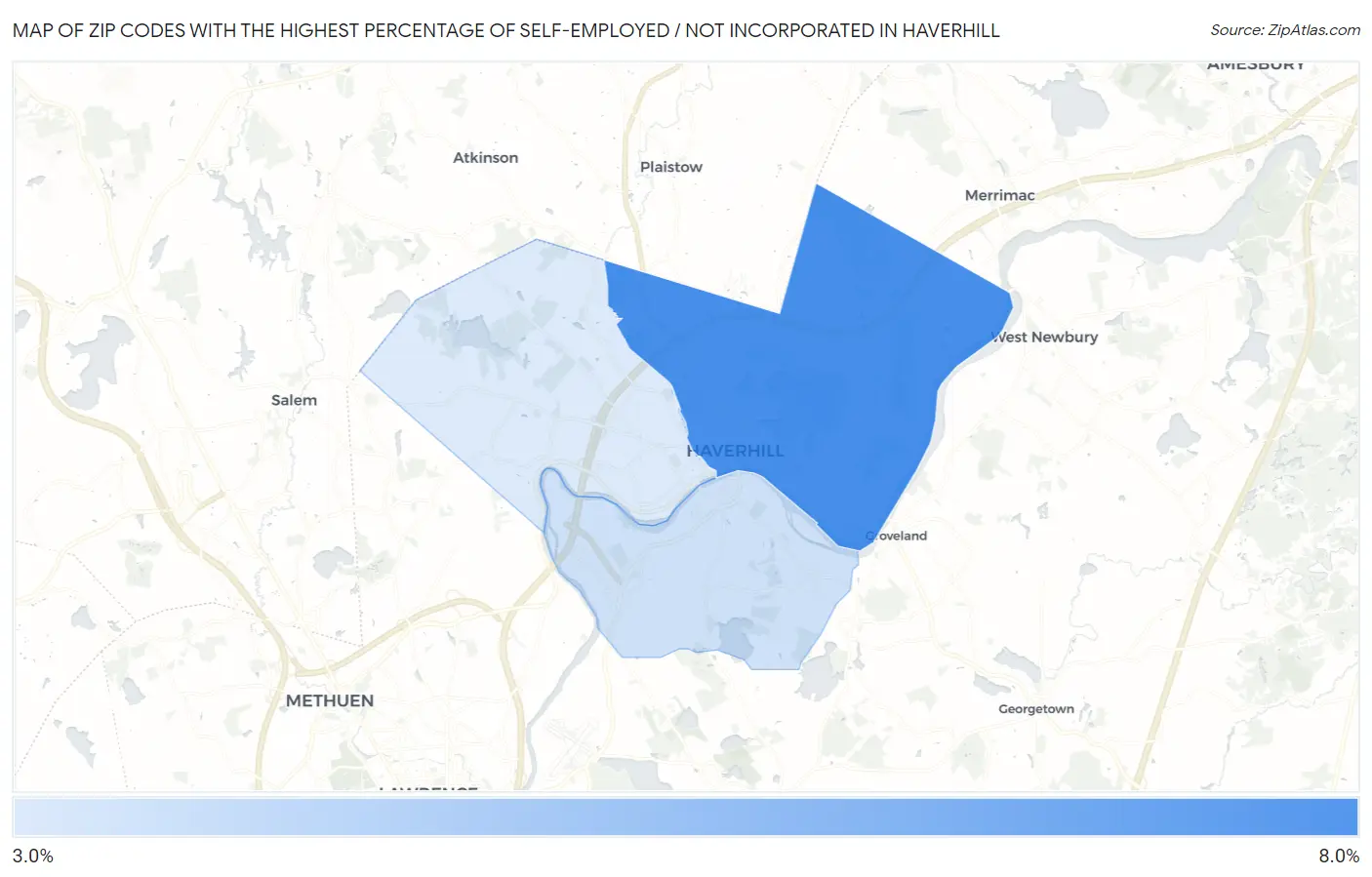 Zip Codes with the Highest Percentage of Self-Employed / Not Incorporated in Haverhill Map