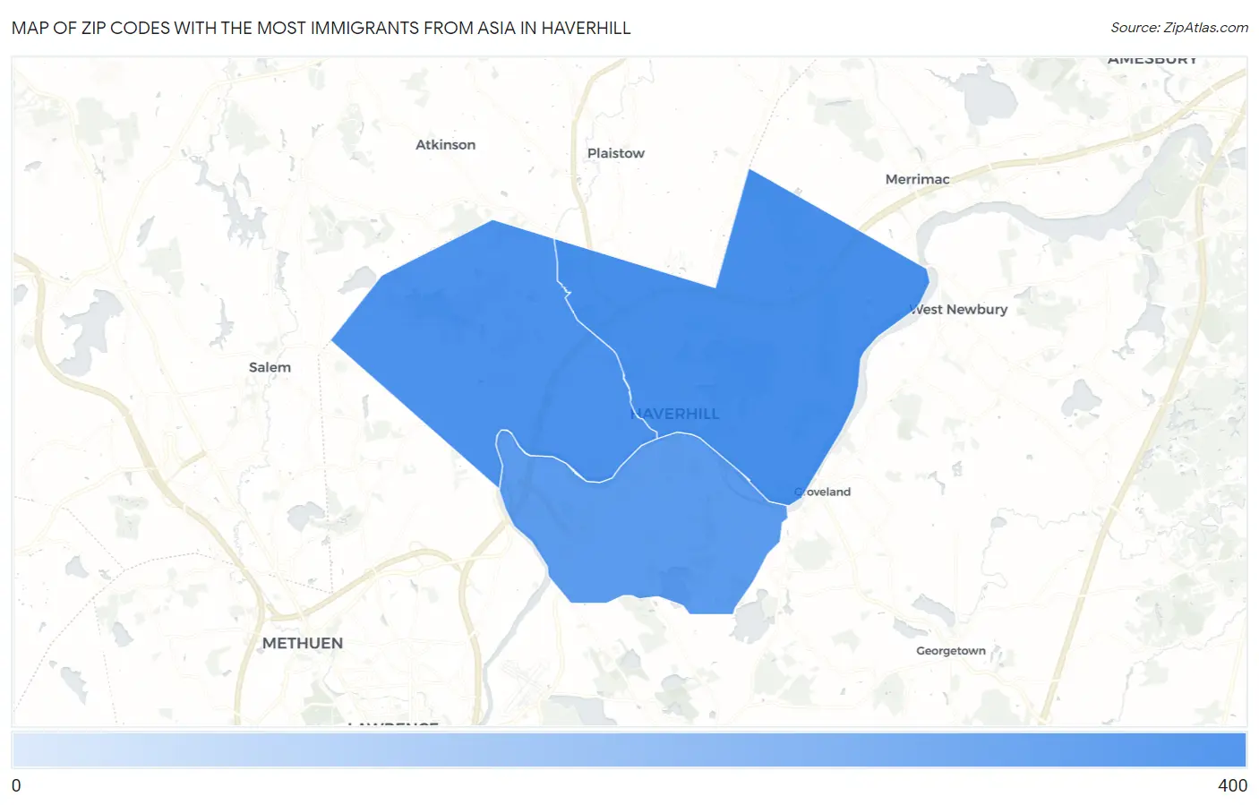 Zip Codes with the Most Immigrants from Asia in Haverhill Map