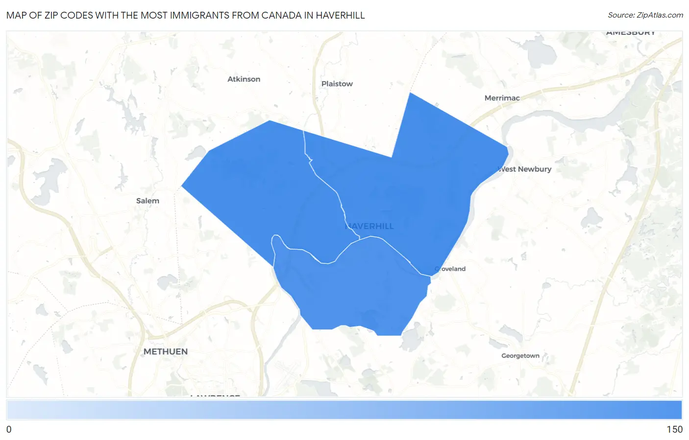 Zip Codes with the Most Immigrants from Canada in Haverhill Map