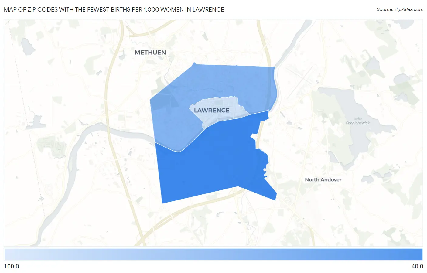 Zip Codes with the Fewest Births per 1,000 Women in Lawrence Map