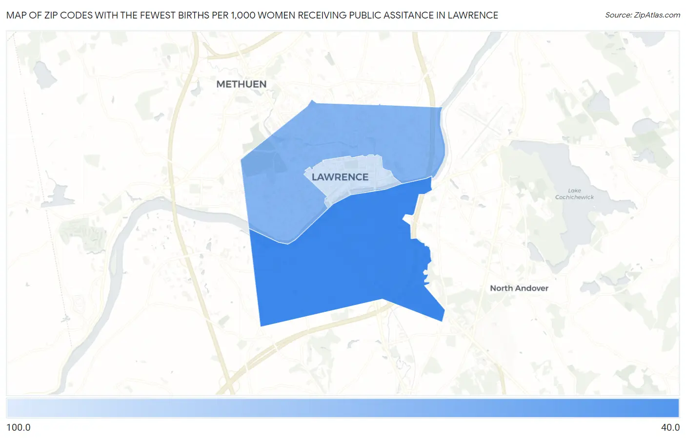 Zip Codes with the Fewest Births per 1,000 Women Receiving Public Assitance in Lawrence Map
