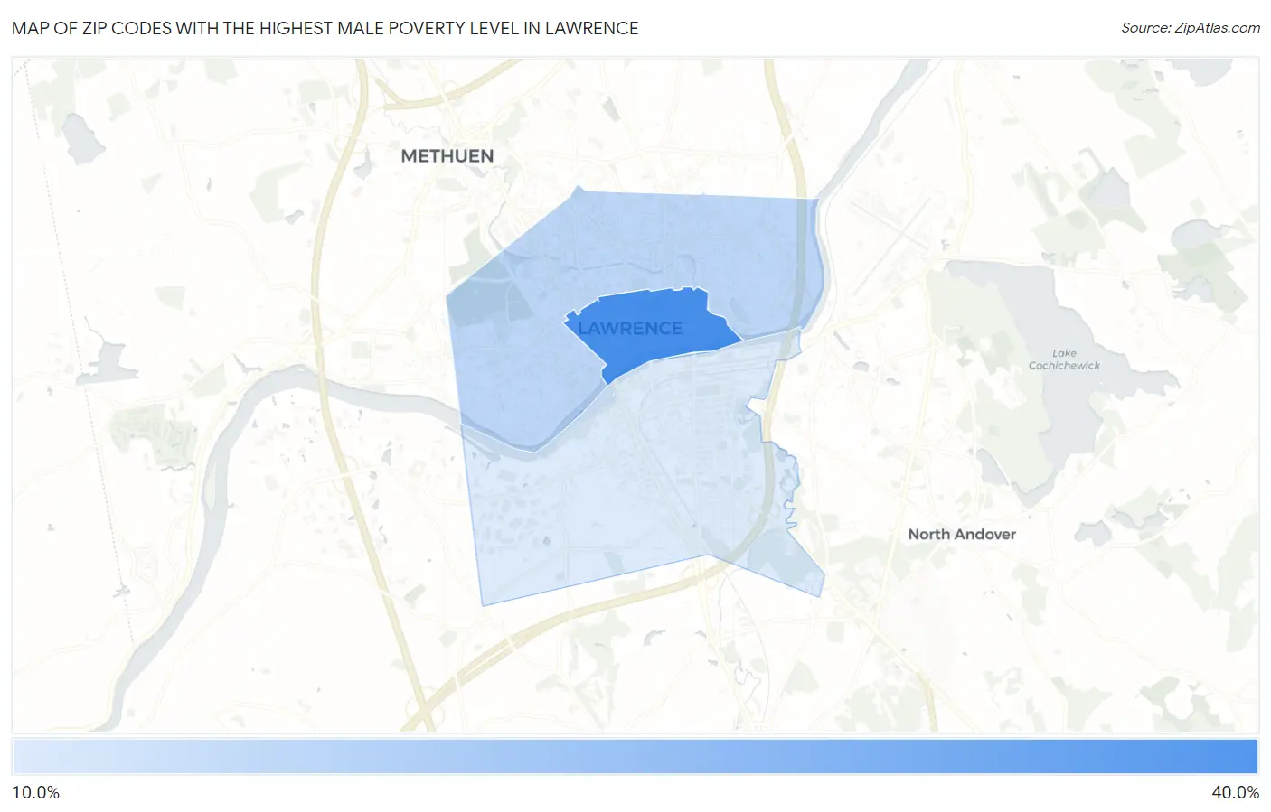 Zip Codes with the Highest Male Poverty Level in Lawrence Map