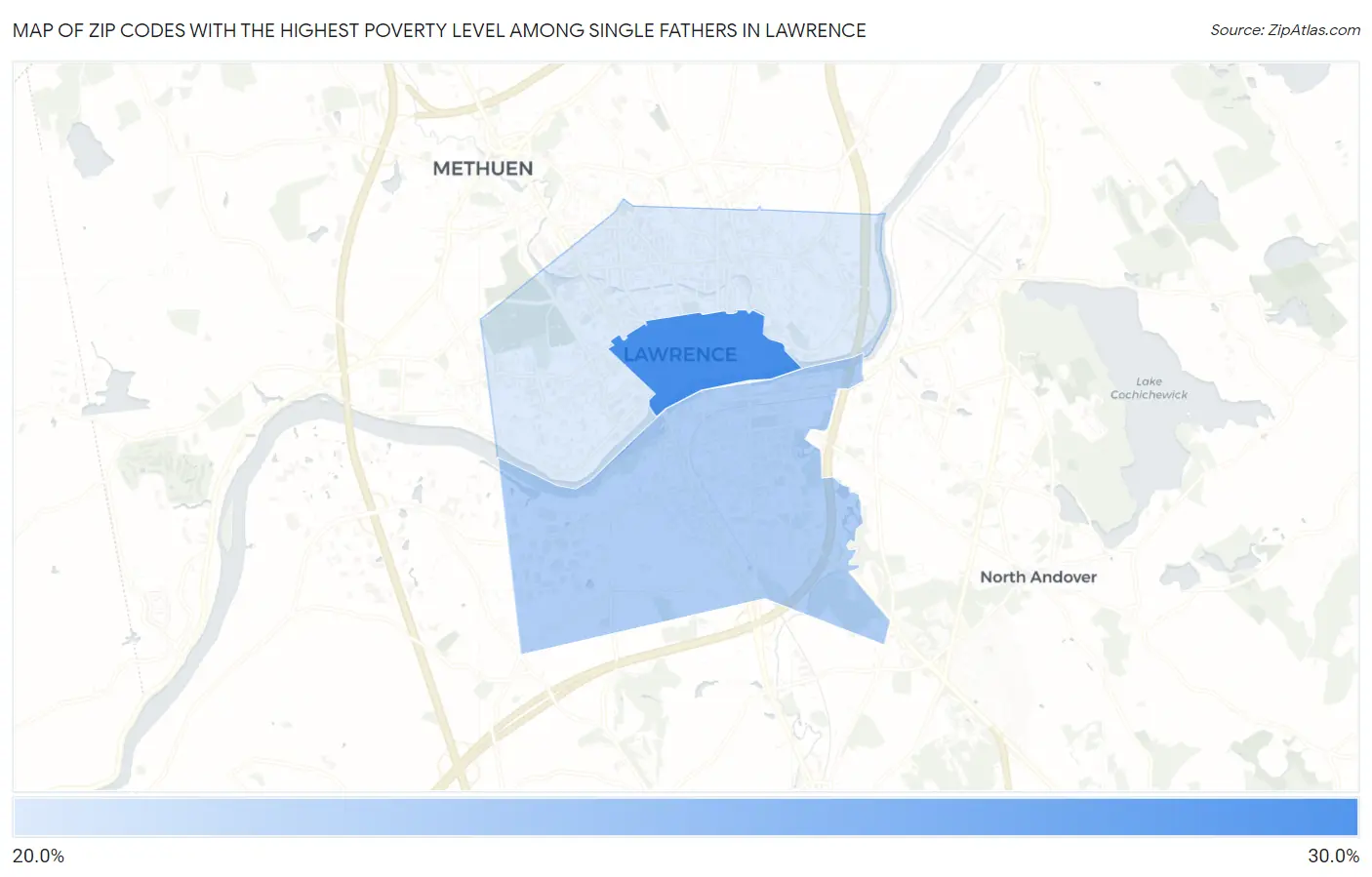 Zip Codes with the Highest Poverty Level Among Single Fathers in Lawrence Map