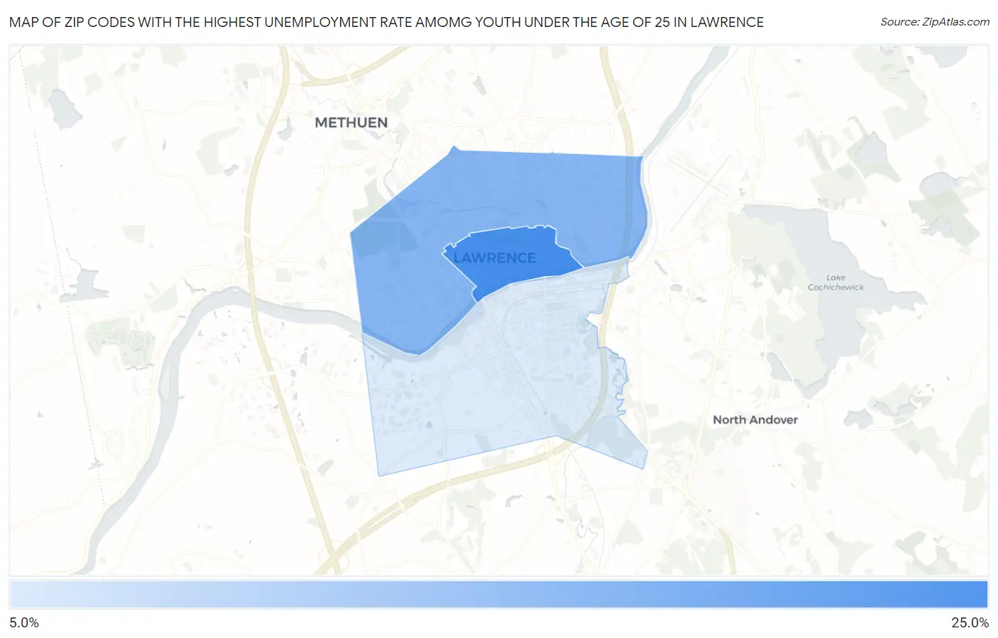 Zip Codes with the Highest Unemployment Rate Amomg Youth Under the Age of 25 in Lawrence Map