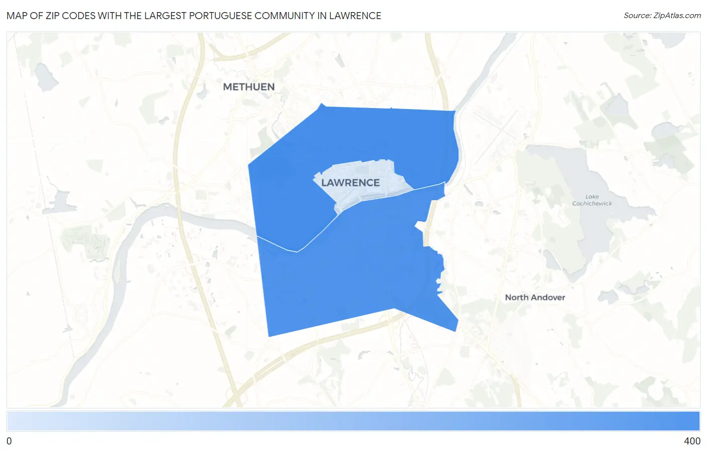 Zip Codes with the Largest Portuguese Community in Lawrence Map