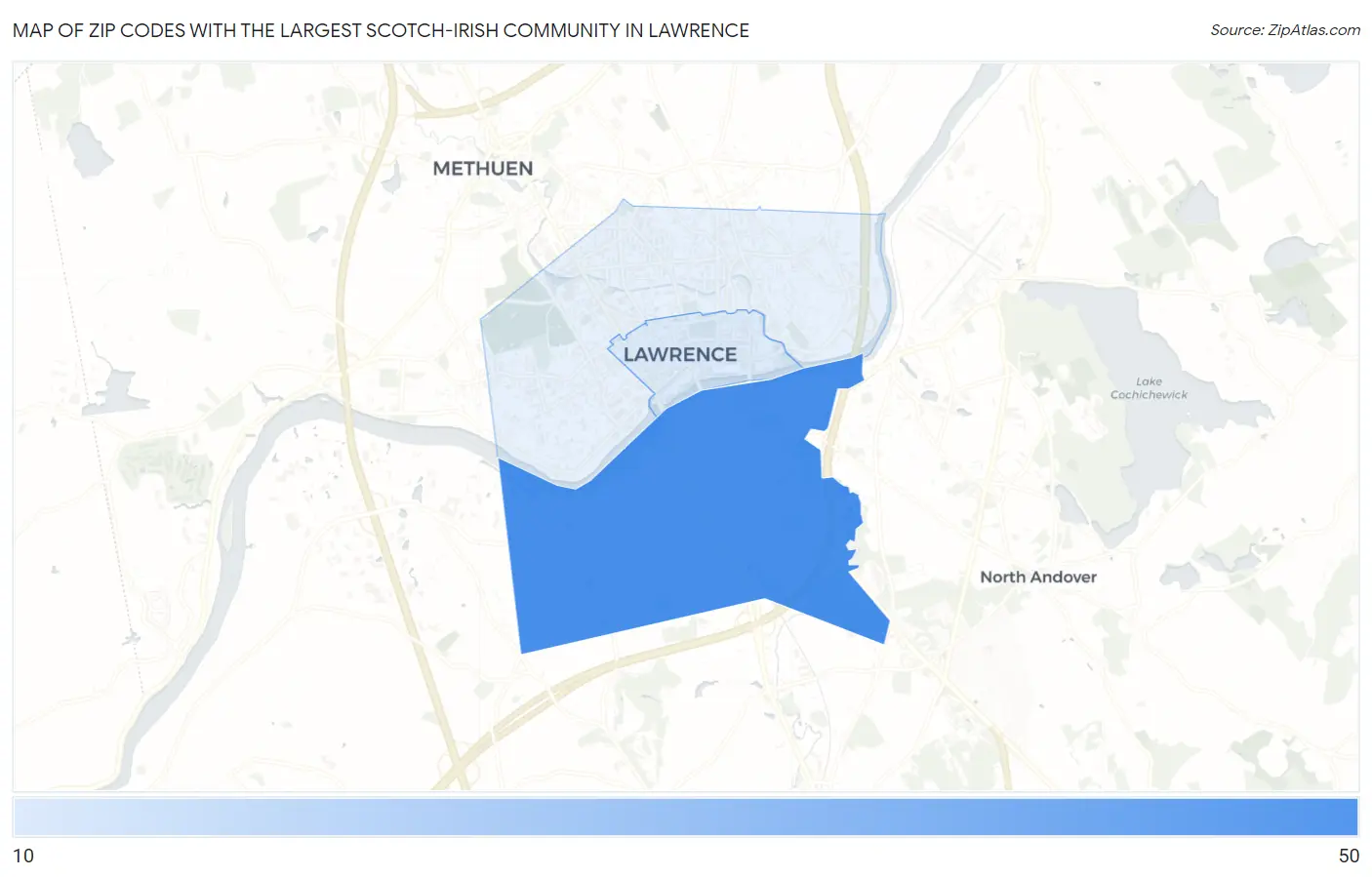 Zip Codes with the Largest Scotch-Irish Community in Lawrence Map