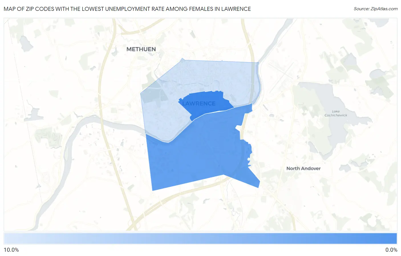 Zip Codes with the Lowest Unemployment Rate Among Females in Lawrence Map