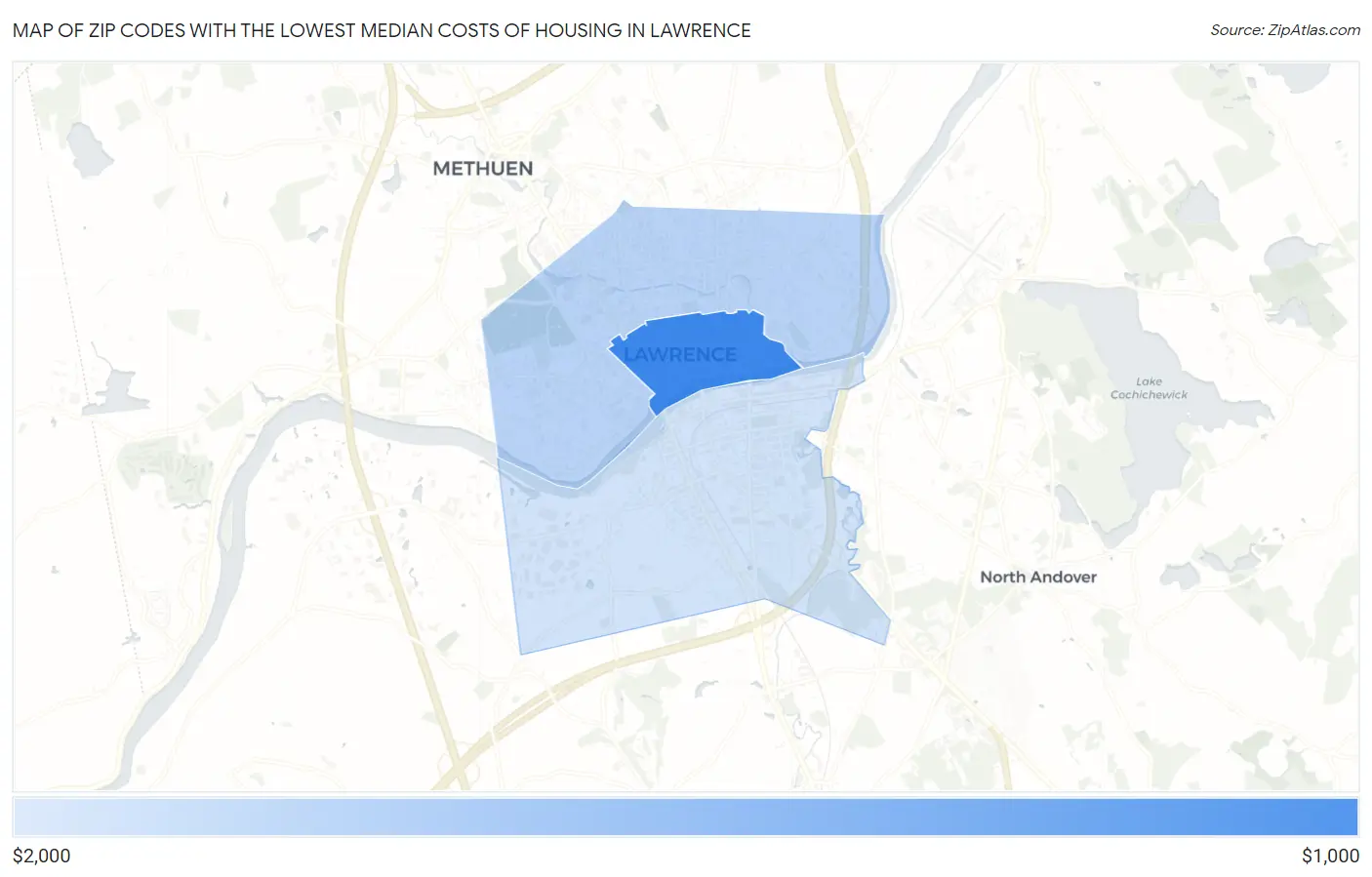 Zip Codes with the Lowest Median Costs of Housing in Lawrence Map