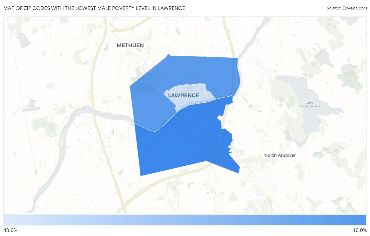 Zip Codes with the Lowest Male Poverty Level in Lawrence Map