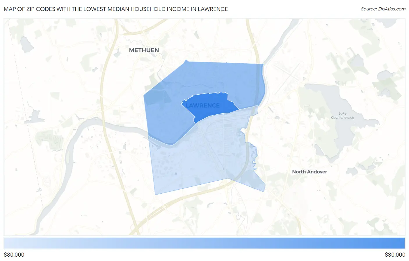 Zip Codes with the Lowest Median Household Income in Lawrence Map