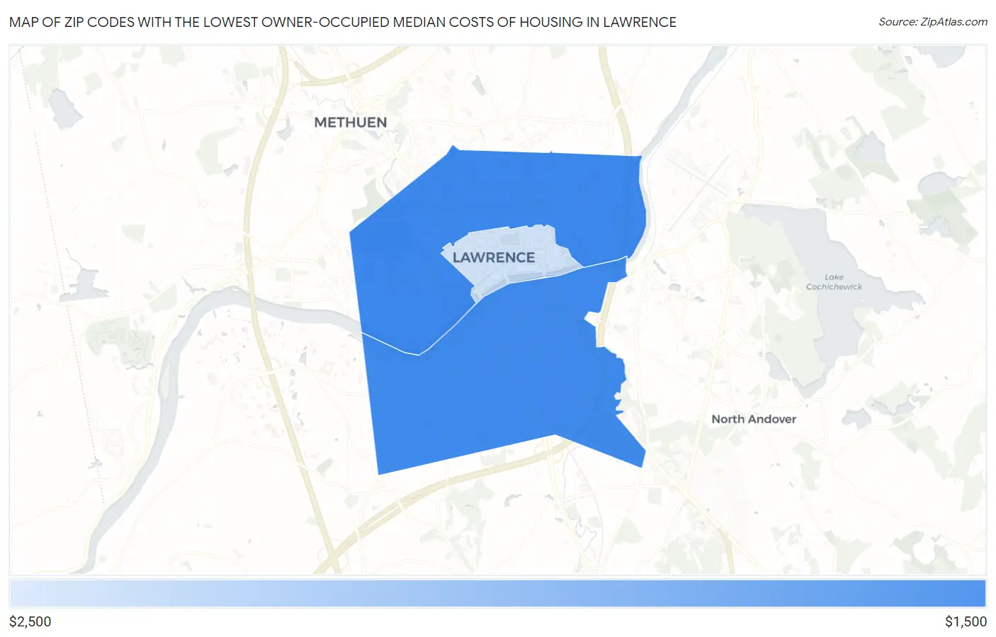 Zip Codes with the Lowest Owner-Occupied Median Costs of Housing in Lawrence Map