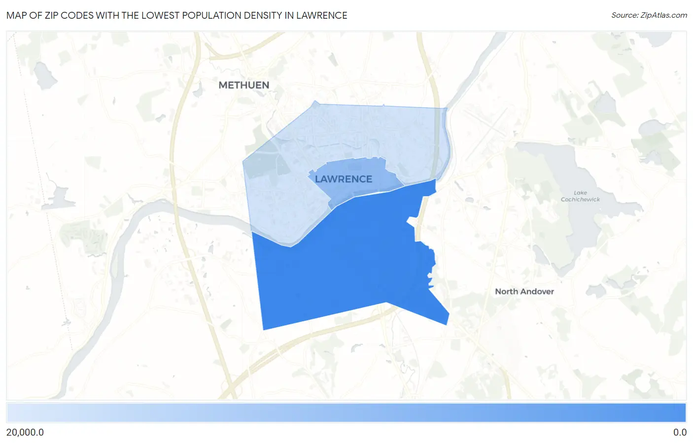 Zip Codes with the Lowest Population Density in Lawrence Map