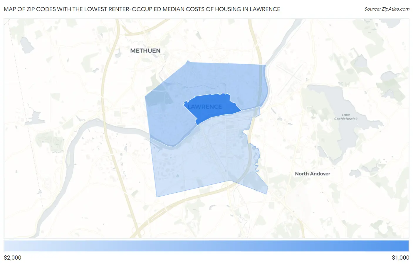 Zip Codes with the Lowest Renter-Occupied Median Costs of Housing in Lawrence Map