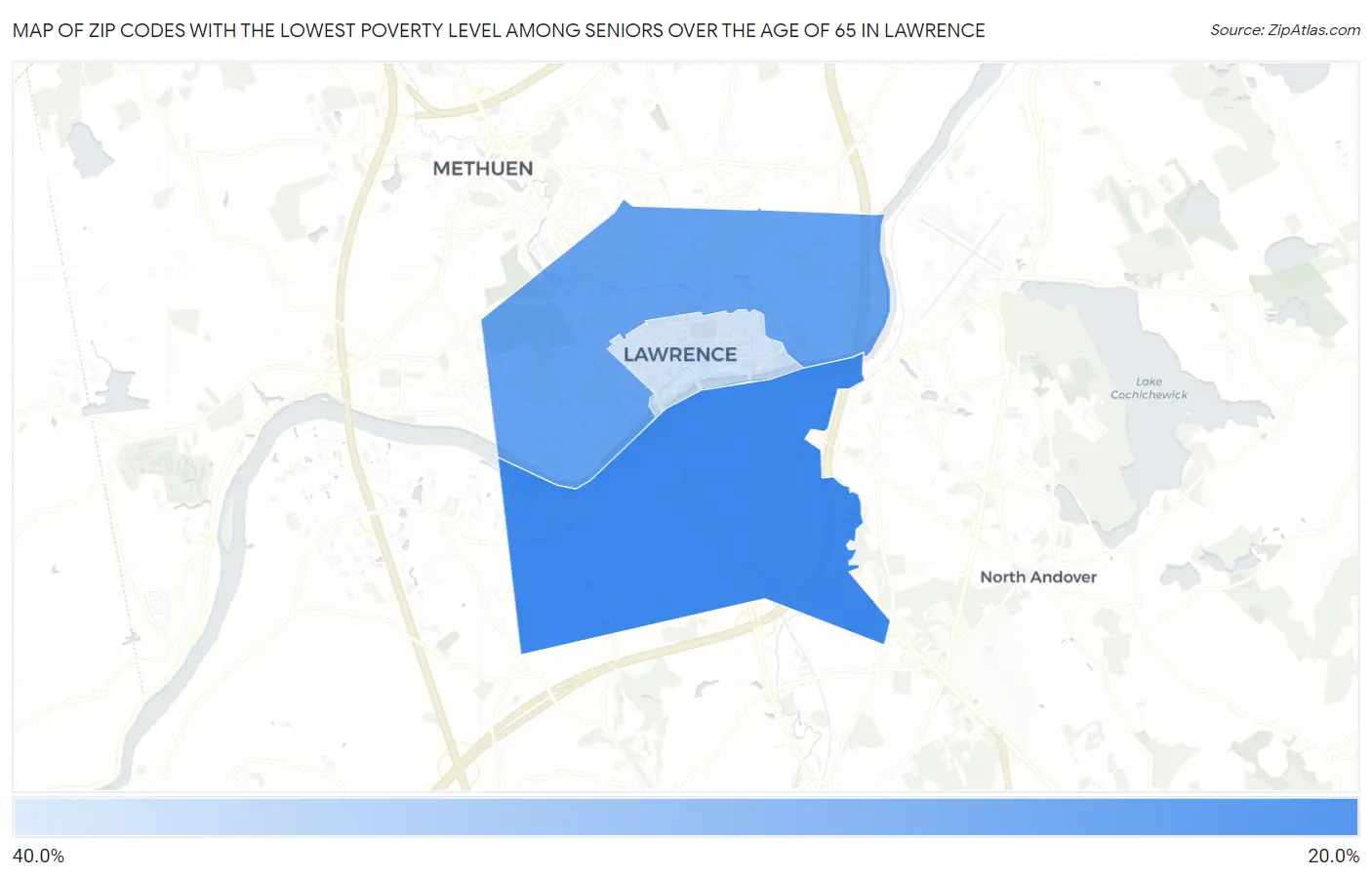 Zip Codes with the Lowest Poverty Level Among Seniors Over the Age of 65 in Lawrence Map