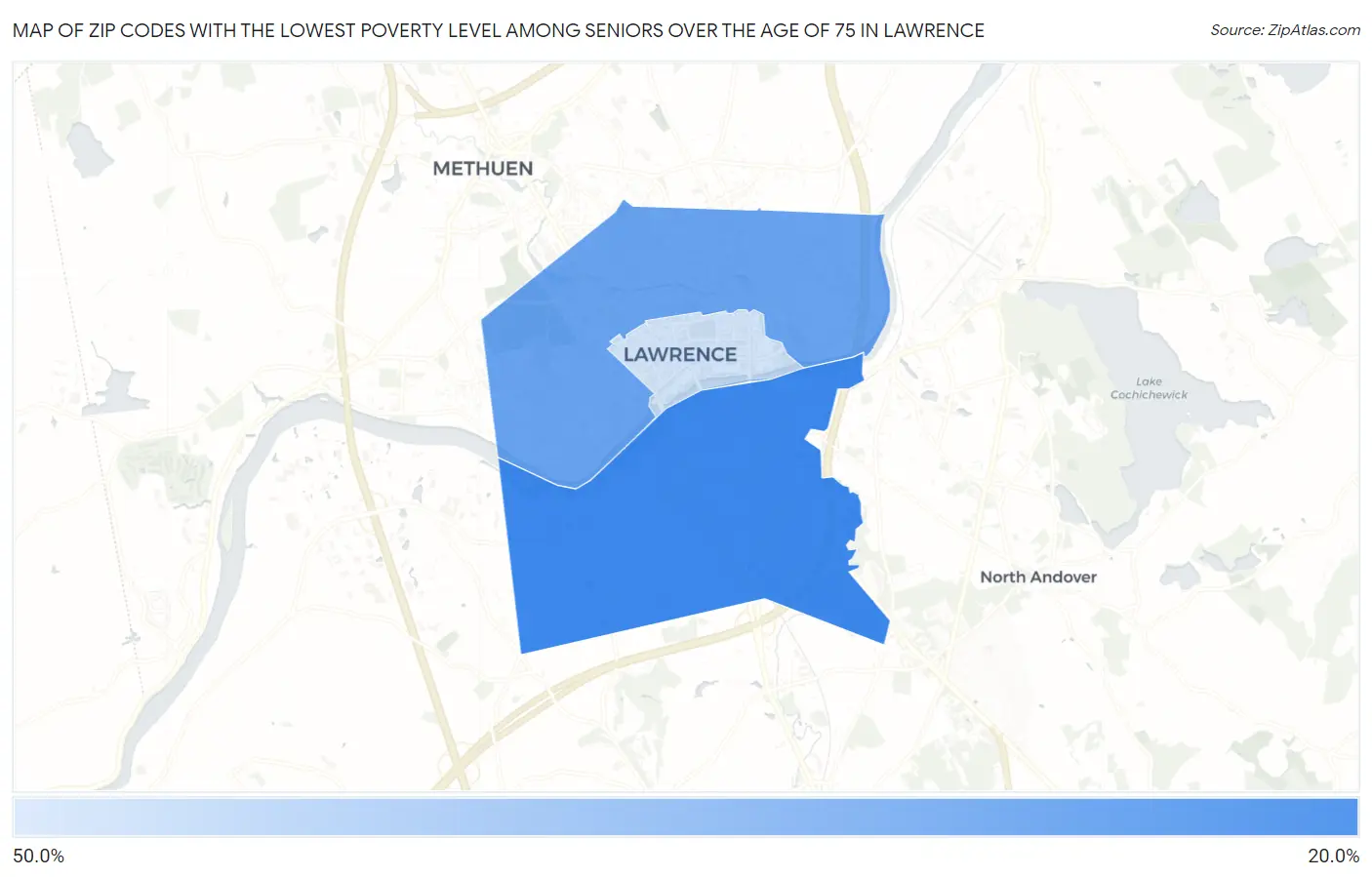Zip Codes with the Lowest Poverty Level Among Seniors Over the Age of 75 in Lawrence Map