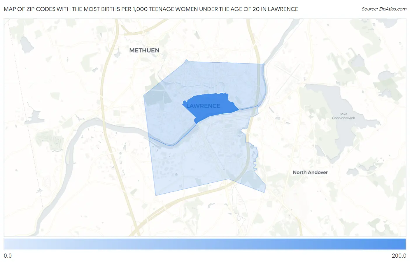 Zip Codes with the Most Births per 1,000 Teenage Women Under the Age of 20 in Lawrence Map