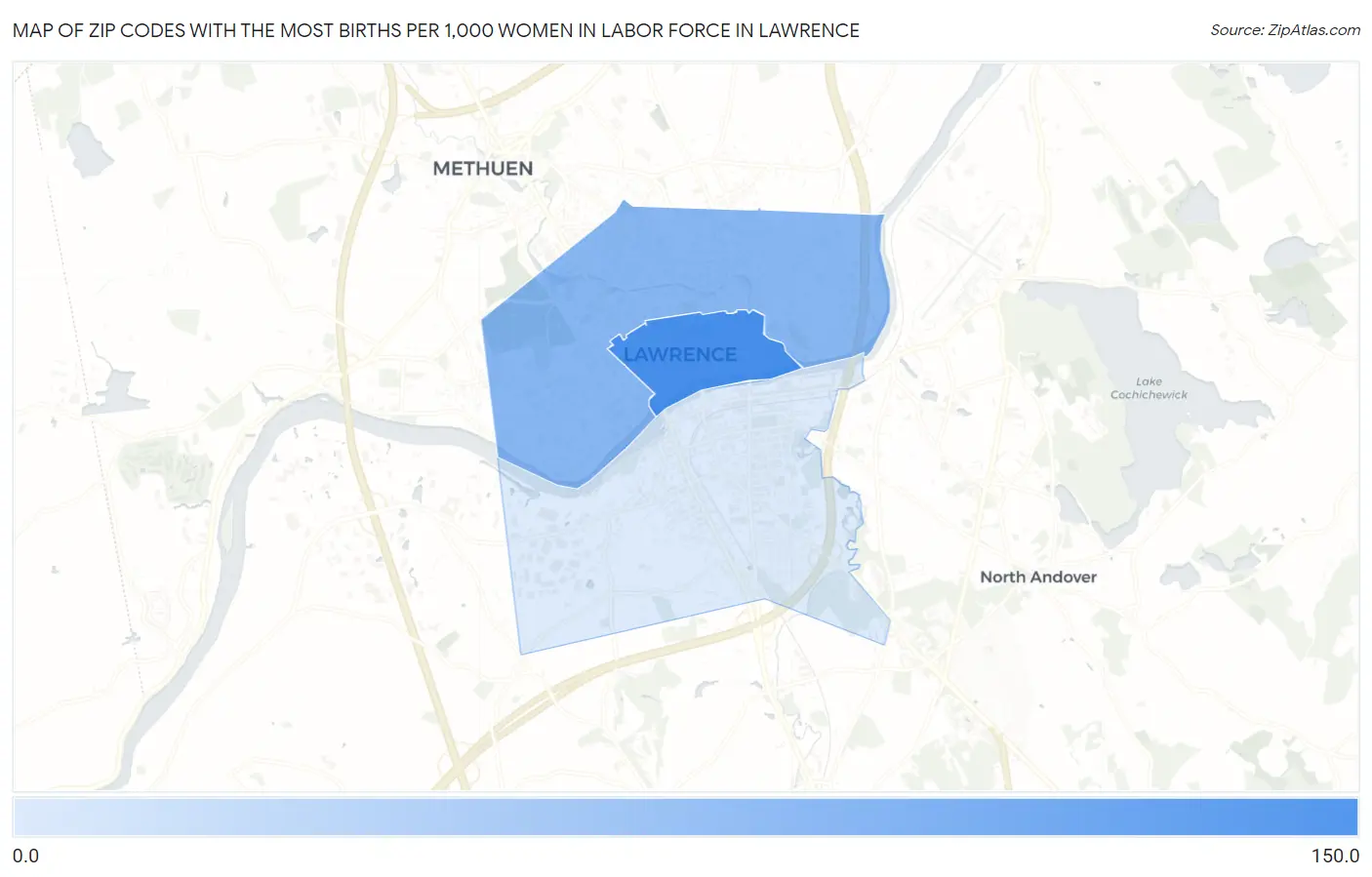 Zip Codes with the Most Births per 1,000 Women in Labor Force in Lawrence Map