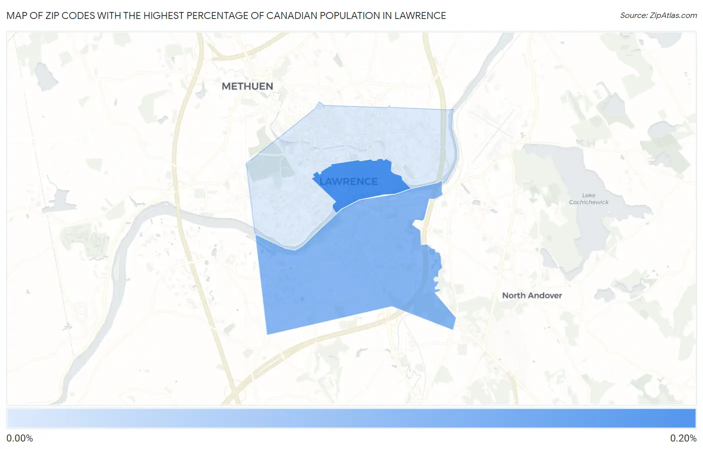 Zip Codes with the Highest Percentage of Canadian Population in Lawrence Map