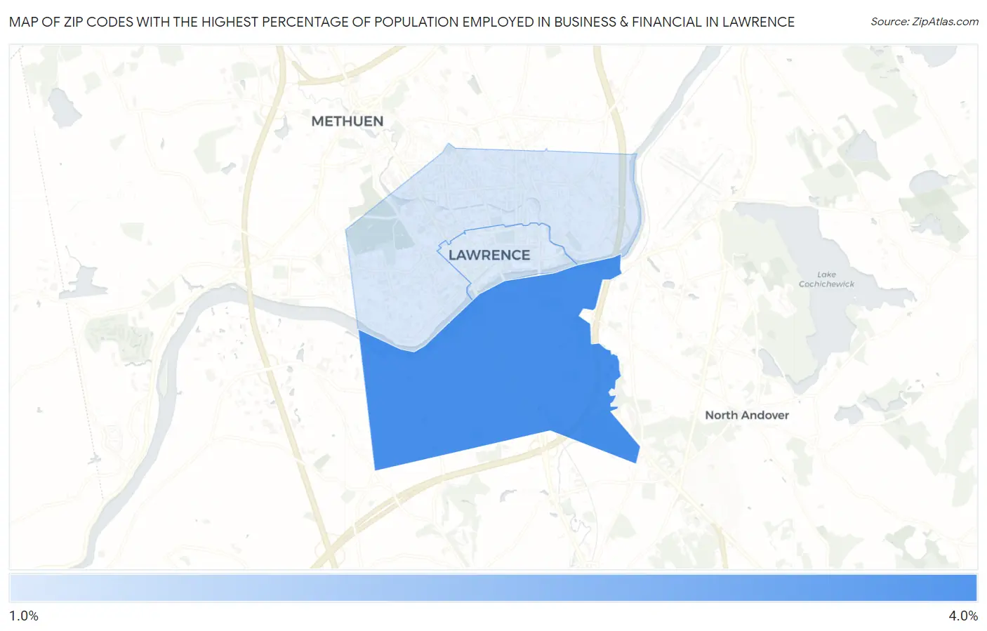 Zip Codes with the Highest Percentage of Population Employed in Business & Financial in Lawrence Map