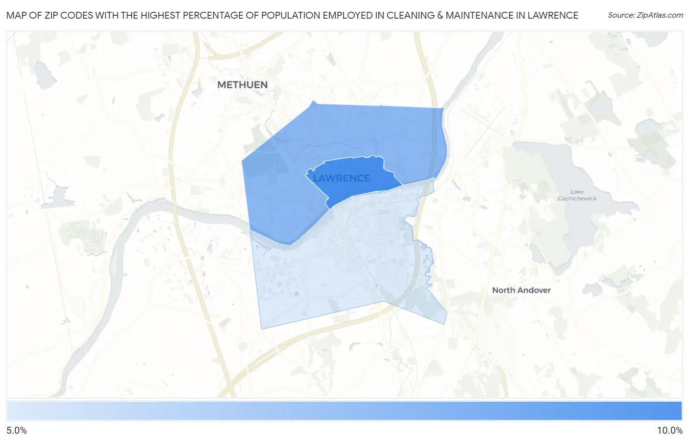 Zip Codes with the Highest Percentage of Population Employed in Cleaning & Maintenance in Lawrence Map