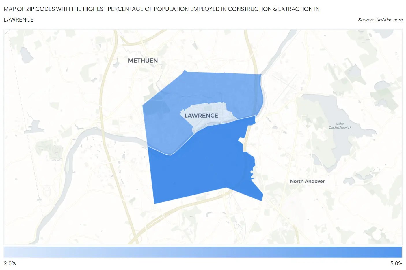 Zip Codes with the Highest Percentage of Population Employed in Construction & Extraction in Lawrence Map