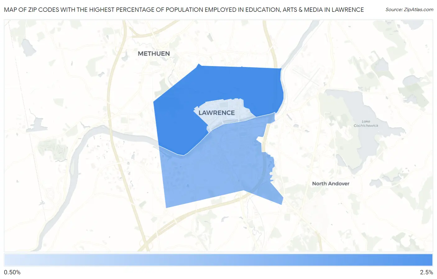 Zip Codes with the Highest Percentage of Population Employed in Education, Arts & Media in Lawrence Map