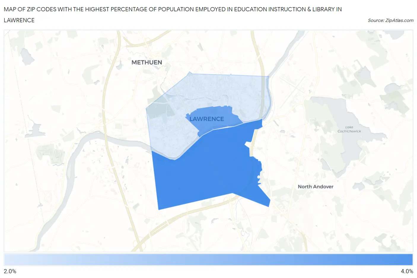 Zip Codes with the Highest Percentage of Population Employed in Education Instruction & Library in Lawrence Map