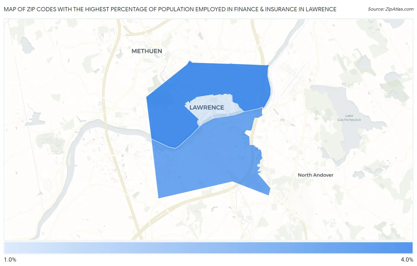 Zip Codes with the Highest Percentage of Population Employed in Finance & Insurance in Lawrence Map