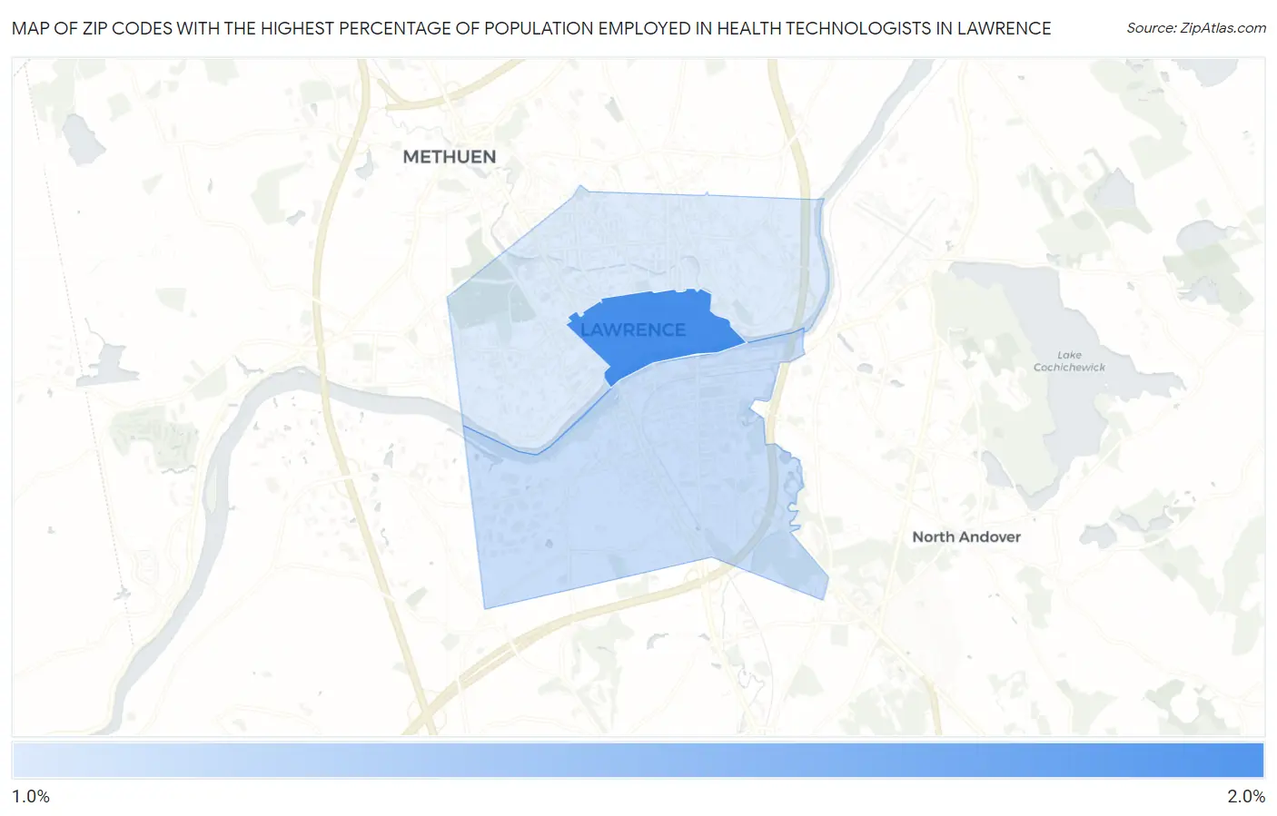Zip Codes with the Highest Percentage of Population Employed in Health Technologists in Lawrence Map